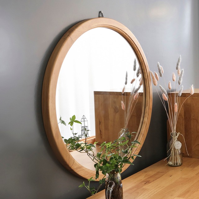 [해피아워][Loydn Retro] 원형 고무나무 원목 화장대 거울